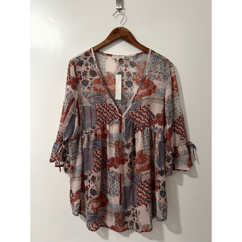 Claudia Richard Floral V Neck Blouse Size Large